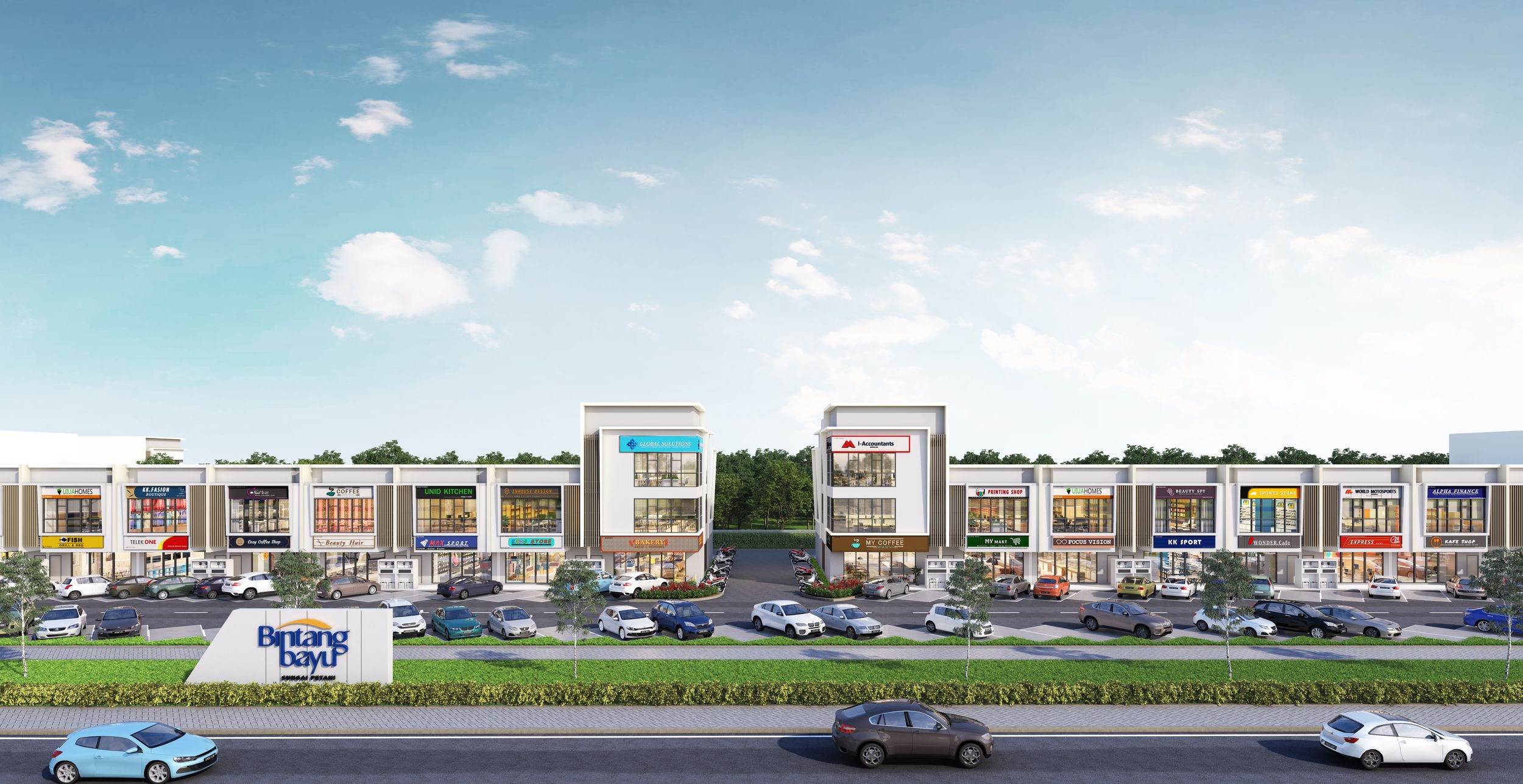 Bintang Bayu Business Hub – 2 & 3 Storey Shop Offices Front facade of Bintang Bayu Business Hub 2 and 3 storey shop offices